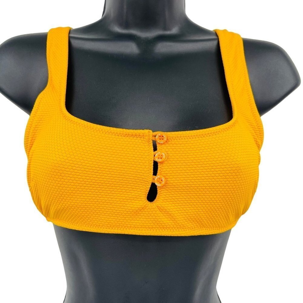 Aerie Bikini Top Women Small Orange Textured Scoop Neck Button‎ Keyhole Swimwear